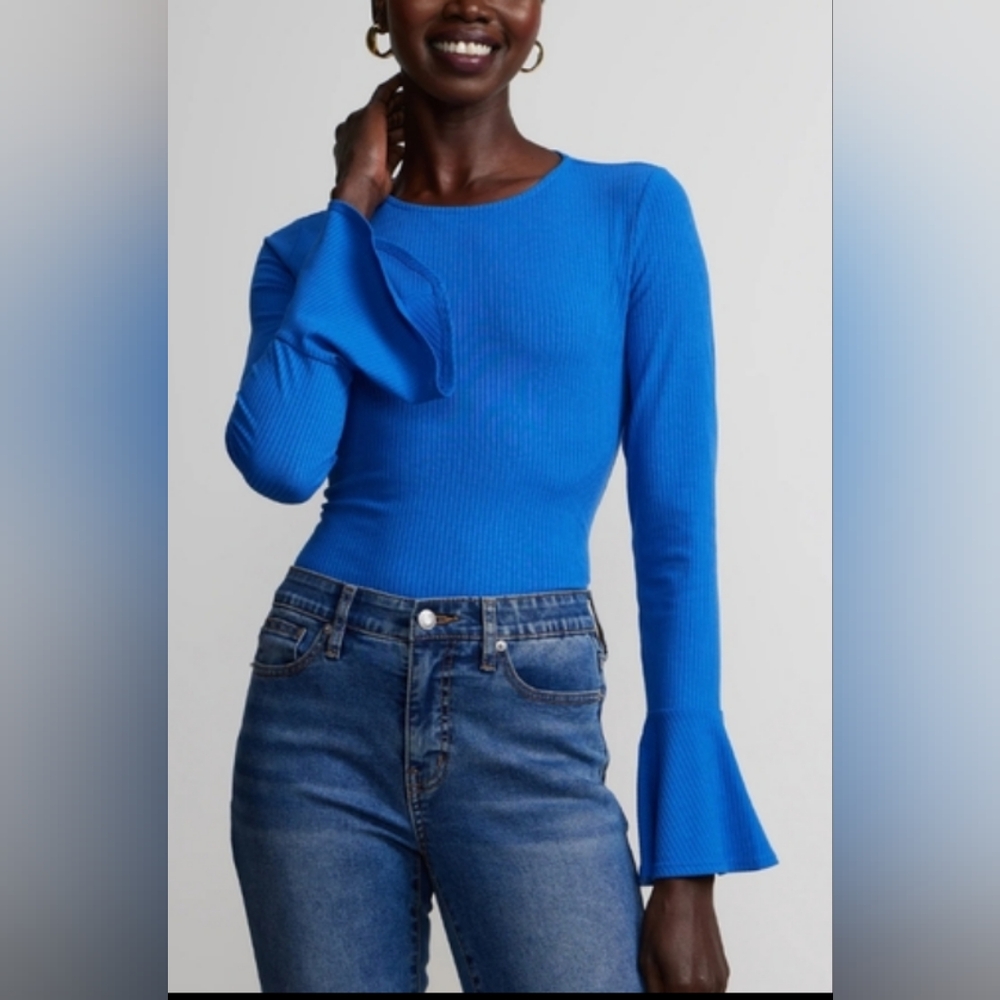 NY & Co Bell Sleeve Crew Neck Ribbed Top
